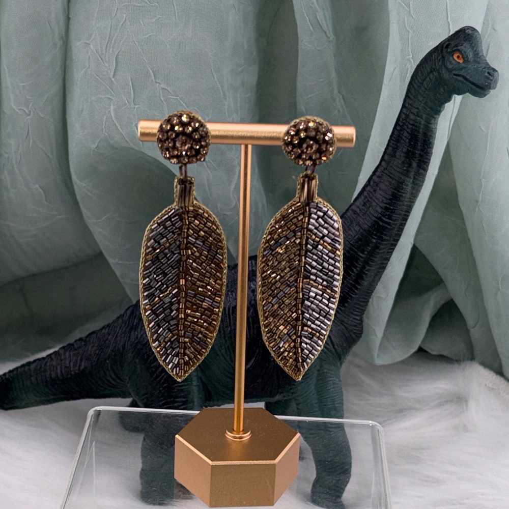 Gold and Silver Seed Bead Leaf  Earrings with Copper Rhinestones at Top